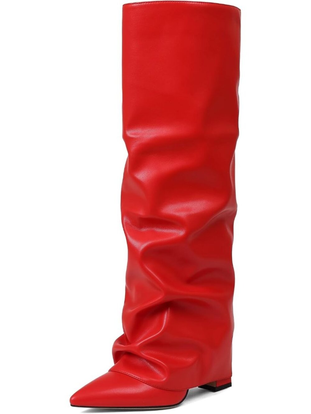 Women's Red Pu Knee High Boots Wide Calf Chunky High Heel Boots Pointed Toe